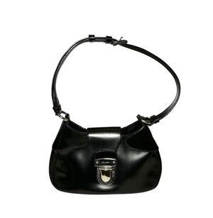 Prada Cleo Vitello Tuc Black Brushed Leather Logo Buckle Small Shoulder Bag